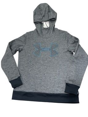 Under Armour Loose Coldgear Heather Gray Hoodie with Blue-Outlined Logo